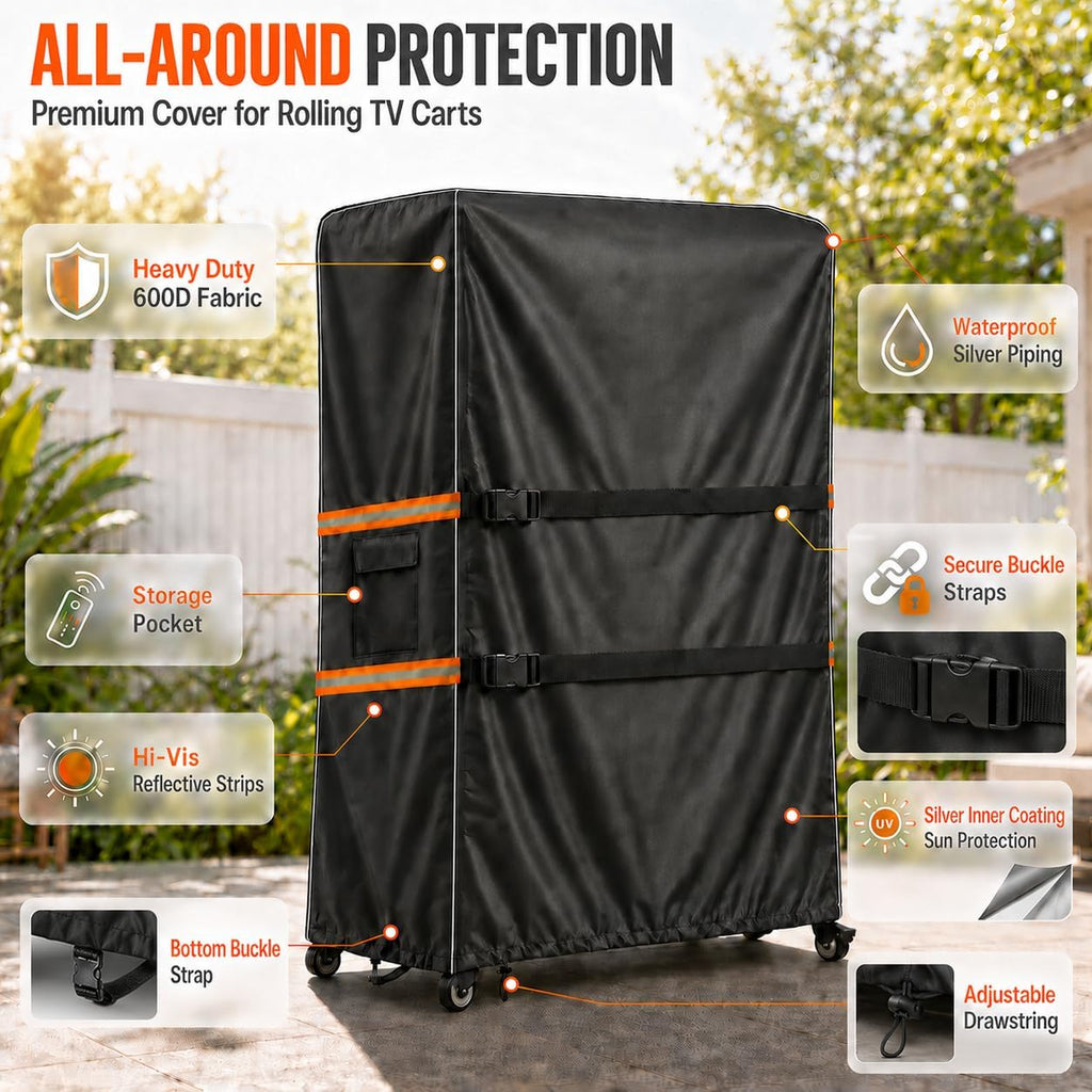 Outdoor TV Trolley Cover for 55-60 Inch Screen, Heavy Duty 600D Waterproof Rolling TV Stand Cover, Weatherproof Mobile TV Cart on Wheels Protector with Remote Pocket, Black 55"x15"x57" - Image 6