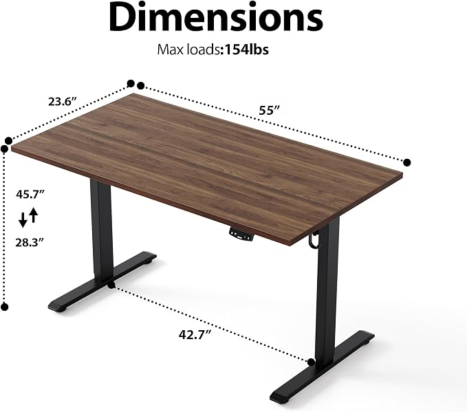 Agilestic Electric Height Adjustable Standing Desk, 55 Inch, Dark Walnut | Smooth Height Adjustment, Memory Presets, Hooks, Stable Steel Frame,154 lbs Capacity, Easy Assembly, Splice Board - Image 3