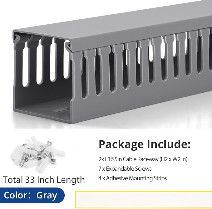 2" H x 2" W Cable Raceway, 33in Under Desk Wire Management Channel, Grey | Slotted Wire Duct, 2Pack, 16.5in Each, Heavy-Duty PVC Cable Management for Server Racks, Network Cables & Electrical Cabinets - Image 4