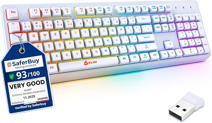 KLIM Chroma White Wireless Keyboard – RGB Backlit, Rechargeable Battery, Wireless Keyboard with Water-Resistant Durable Design, Compatible with PC, Mac, PS4, PS5 by KLIMTechnologies