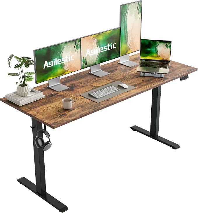 Agilestic Electric Height Adjustable Standing Desk, 63 Inch, Rustic Brown | Smooth Height Adjustment, Memory Presets, Hooks, Stable Steel Frame,154 lbs Capacity, Easy Assembly, Splice Board by Agilestic