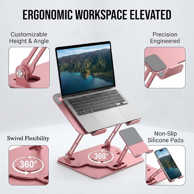 Laptop Stand for Desk,Adjustable Computer Stand with 360° Rotating Base,2-in-1 Laptop Stands with Phone Holder,Ergonomic Laptop Riser for Collaborative Work,fits for All 10-16" Laptops (Pink) - Image 2