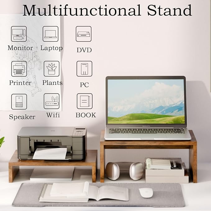 TEAMIX 2-Pack Monitor & Laptop Stand Riser, Wood High-Low Dual Monitor Set | Stacked/Separate Use, Adjustable Computer Stand for 2 Monitors, Holds 80Lbs, Rustic Desk Organizer for Home Office, Gaming - Image 5