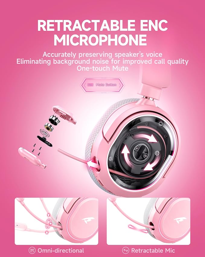 Wireless Gaming Headset, 7.1 Surround Sound, 2.4GHz USB Gaming Headphones with Bluetooth 5.4, 100H Battery, ENC Noise Canceling Mic, RGB Light, Wireless Headset for PC PS5 PS4 Mac Switch (Gray-Pink) - Image 5