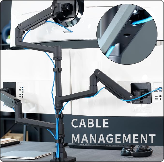 VIVO Pneumatic Arm Triple Ultrawide Monitor Extra Tall Desk Mount for Up to 49 inch Screens, Heavy Duty Clamp, Holds 3 Ultra Wides Up to 44 lbs, Black, STAND-V300D - Image 8