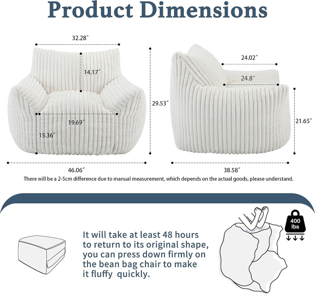 Giant Plush Bean Bag Chair for Adults with Armrests - Oversized Comfy Beige Beanbag Lounge Lazy Floor Sofa Accent Chair for Living Room, Bedroom & Dorm, Cozy Fluffy Single Cloud Mini Couch - Image 2