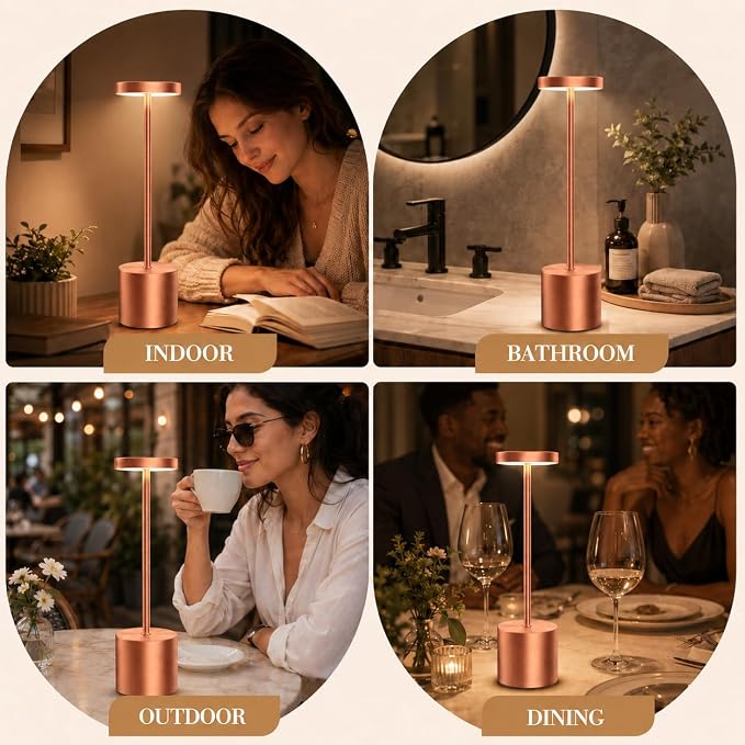 Rose Gold Cordless Table Lamps Set of 2, Battery Operated Rechargeable LED Lamps with Touch Control, 3 Color Temperatures, 5000mAh Dimmable Wireless Portable Lamp for Bedroom Nightstand Living Room - Image 8