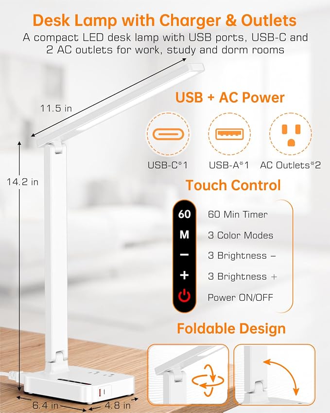 LED Desk Lamp for Dorm Office, USB-C & 2 AC Outlets Charging, White | LED Desk Lamps for Home Office with 2 USB Charging Ports(1 USB-C), 2 AC Outlets, Foldable Small Desk Lamp for Study Reading - Image 2