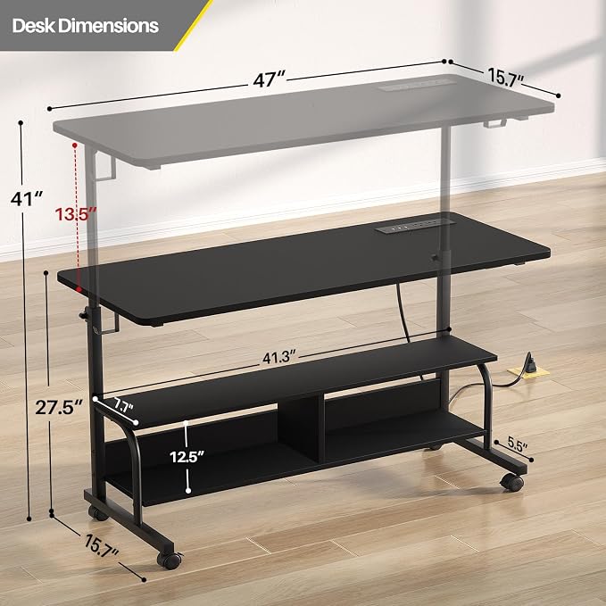 47" Rolling Standing Desk with Charging Station for Couch Bed | Height Adjust 27.5-41", 2 AC/3 USB, Mobile 4 Lockable Wheels, 2-tier Shelves Hook, Safe Corner Fast Assembly - Image 3