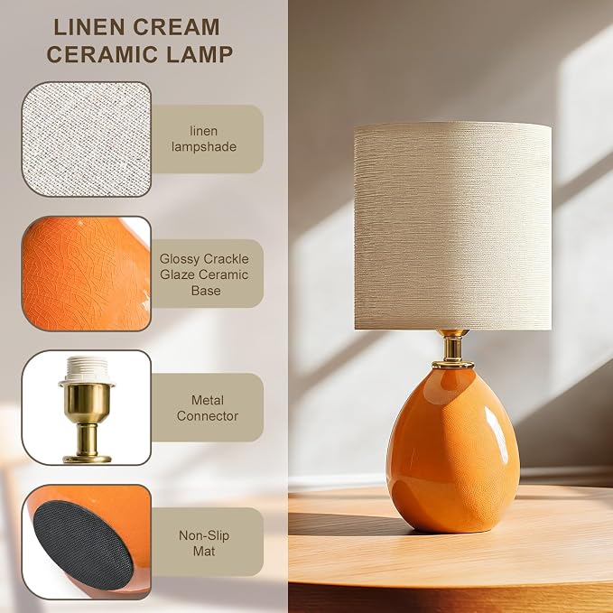 18.5" Ceramic Table Lamps Set of 2 for Living Room Bedroom, Orange | Bedside Lamps for Bedroom Nightstand, Ice Crackle Home Bedroom Living Room Decor, Linen Fabric Shade, 3-Color Temperature - Image 3