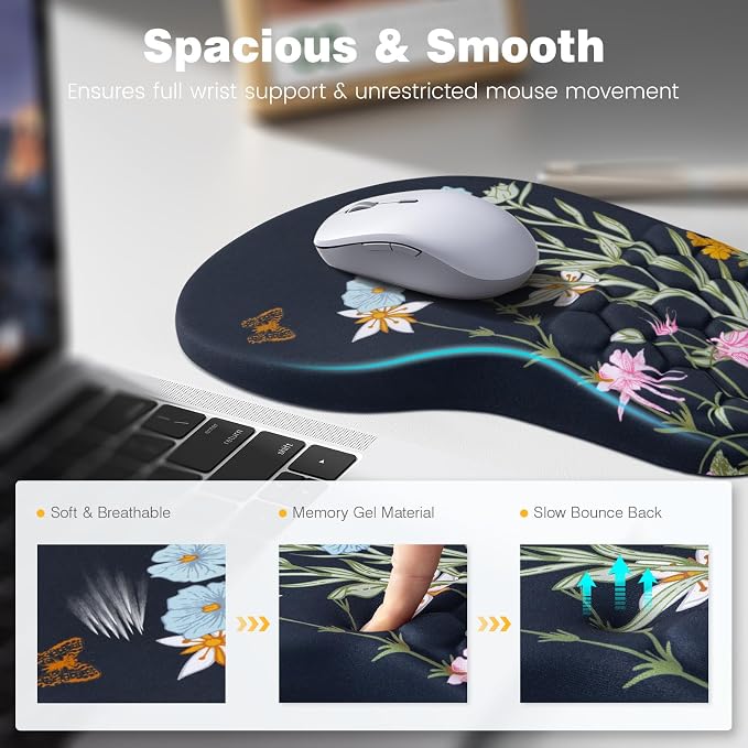 Ospelelf Ergonomic Mouse Pad and Keyboard Stand Wrist Rest Set, Memory Foam Comfort, Pain Relief for Typing, Office Desk Accessories, Moonlit Blossoms - Image 3