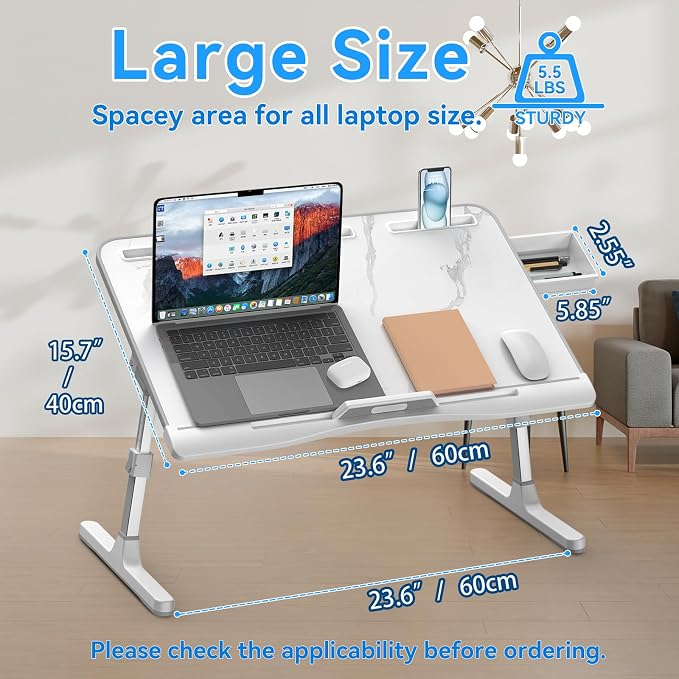 HETTHI Laptop Bed Desk, Adjustable Laptop Lap Desk with Drawer, X-Large Foldable Bed Table Tray for Bed Couch Floor Desk Writing Working Reading Eating Painting (Marble, 23.6"×15.7") - Image 4