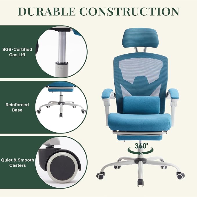Ergonomic Office Chair with Footrest, Computer Gaming Chair | Adjustable Headrest, Lumbar Support, Swivel Reclining, Padded Armrest, Mesh High Back, Home Desk Work Study, Blue - Image 8