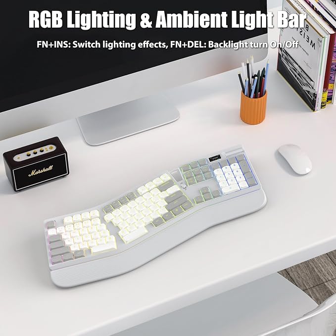 Ergonomic Mechanical Keyboard with Smart Screen & Volume Roller | Wireless 2.4G/Bluetooth/Wired USB-C, 106-Key Low-Profile Switches Hot Swappable RGB LED Backlit, Web-based Programmable, Grey - Image 6