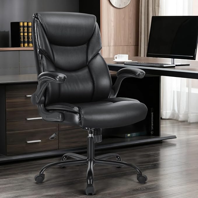 OLIXIS PU Leather Desk Chair, Ergonomic Office Chair, Flip-up Armrest | High Back, Swivel Rolling Wheels, Heavy Duty, 275lbs,Comfortable,Executive, Black - Image 2