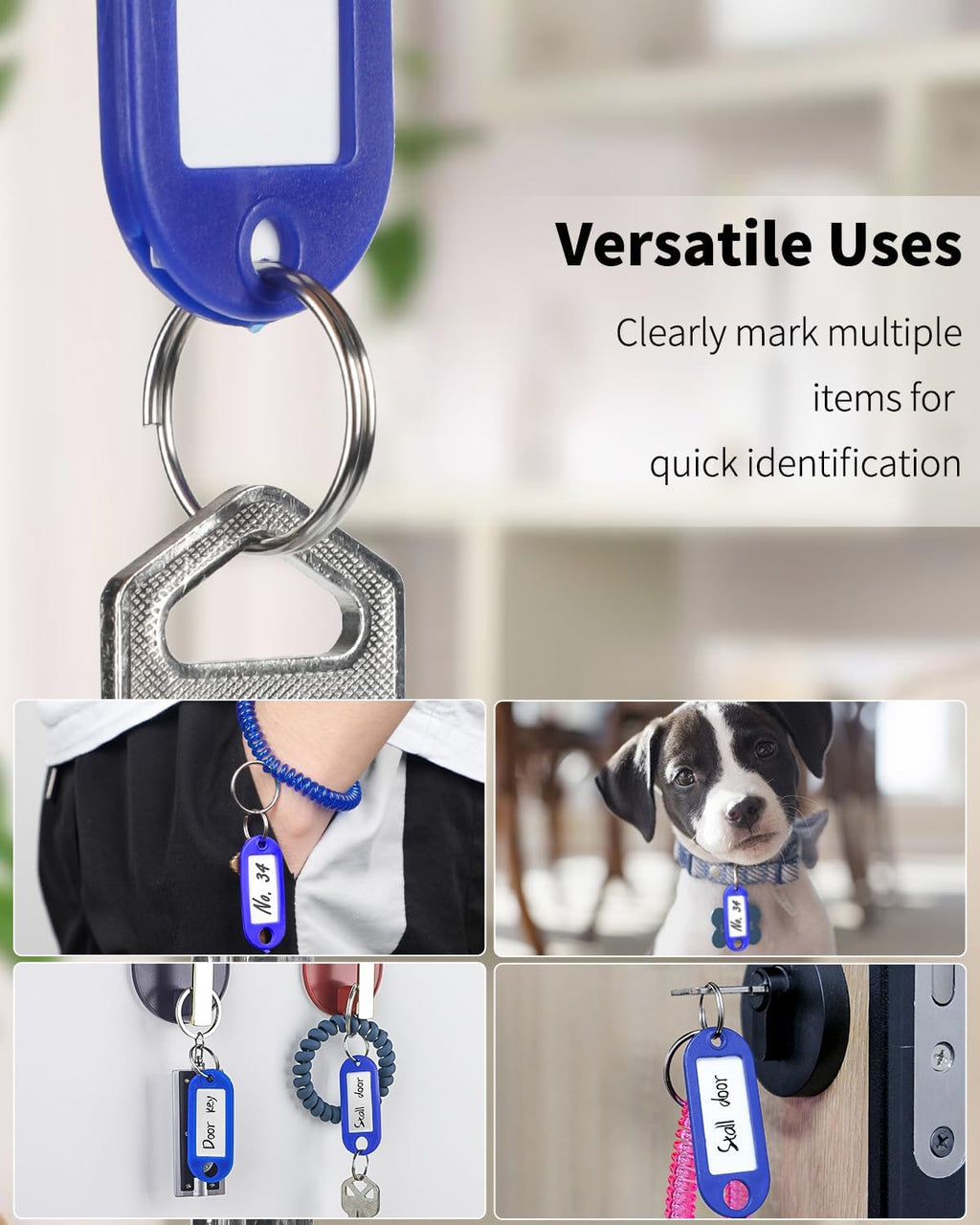 Uniclife 10 Pieces Key Tags 2 Inch Soft Plastic Key Chain Tags with Blank Paper Labels Clear Windows Protective Films and Split Rings Flexible Item Identifiers, Blue - Image 3