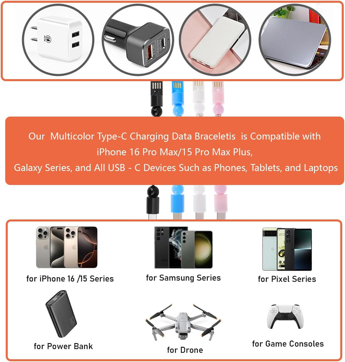 Multicolor Short Type-C Fast Charging Data Bracelet Cable: Black for Power, White for Purity, Pink for Passion, Blue for Calm - Image 3