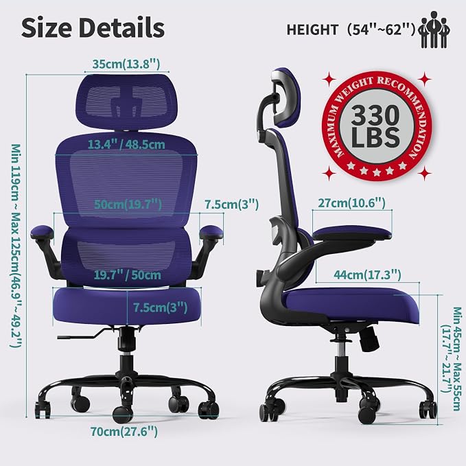 TRALT Office Chair Ergonomic Desk Chair - Gaming Chair with Lumbar Support | 330 LBS Home Office Desk Chairs with Headrest, Reading Chair with Flip-up Armrests, Comfortable Computer Chairs (1, Violet) - Image 2