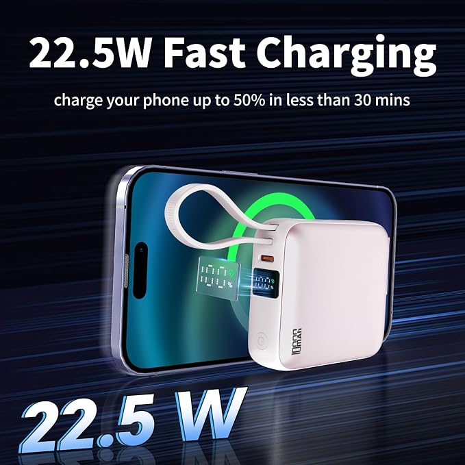 10000mAh Small Portable Charger with Built in Cables LED Display Pink | Mini Power Bank 22.5W USB-C Fast Charging Battery Pack, Travel Essential Power Bank for iPhone, iPad, Samsung, Android - Image 2