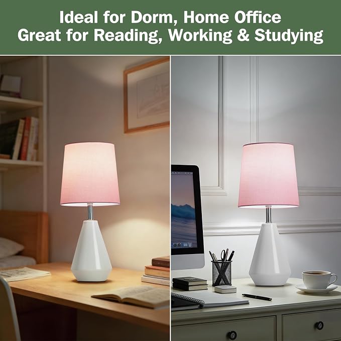 Small Bedside Table Lamp for Bedroom - Reading Desk Lamp with 3 Color Temperatures，15.5" Nightstand Ceramic Lamp with Fabric Shade for Kids Room,Living Room,Dorm,Home Office (White+Pink - Image 4