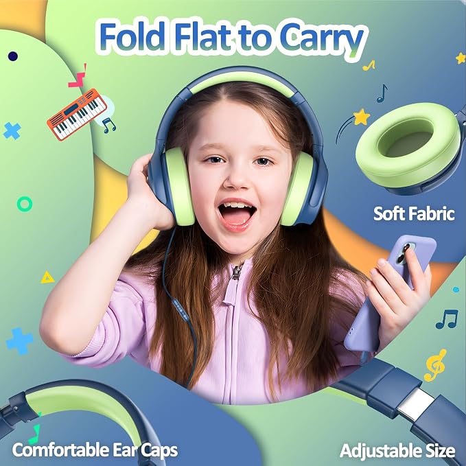 USB C Kids Headphones for School Active Noise Cancelling Headphones-Blue | Comfortable,Adjustable,85/94dB Volume Limit,Stereo Sound Portable Over Ear Type C Headphones for Travel/Tablet/iPad/Classroom - Image 5