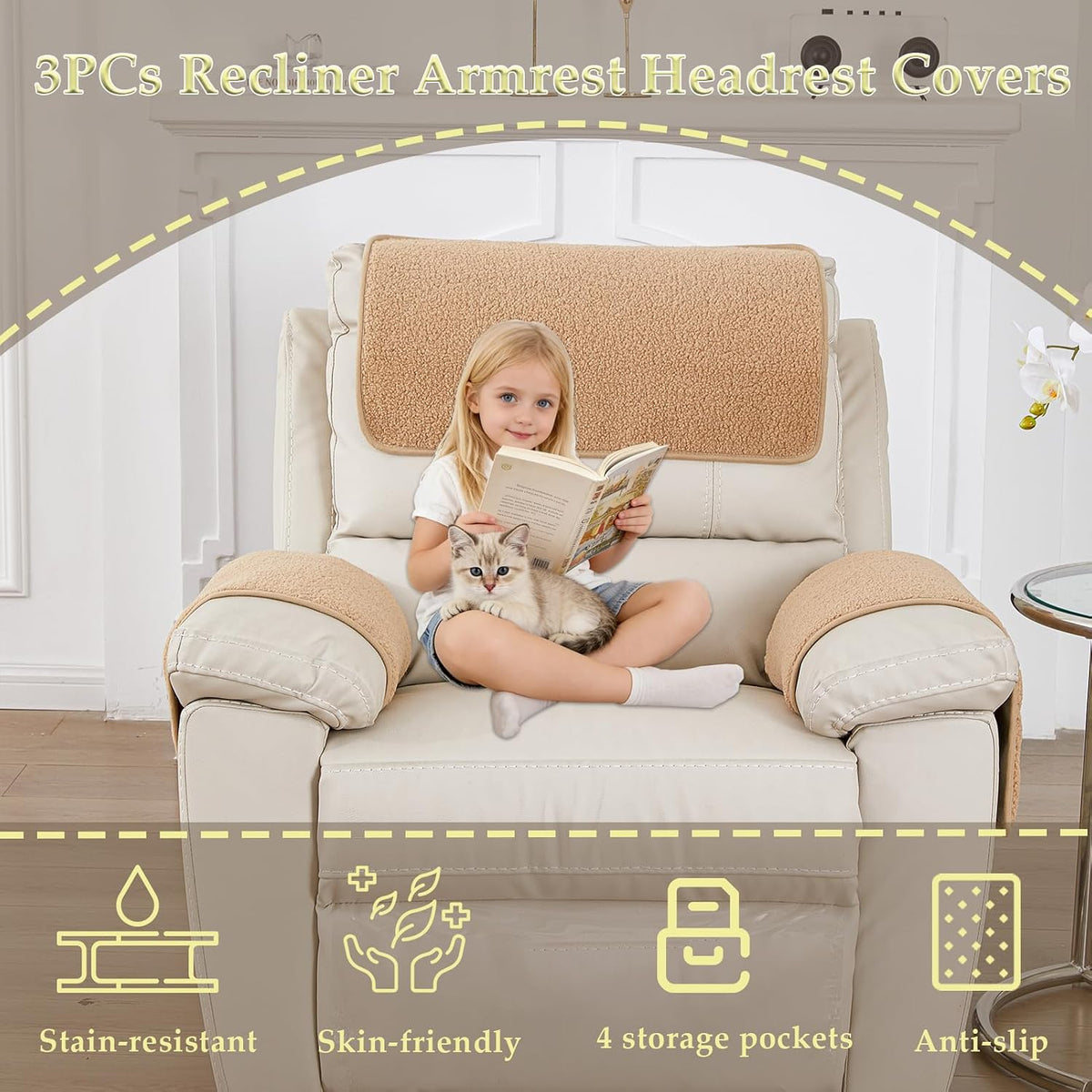 Armrest Covers for Recliner set of 3 Couch Arm Covers with Pockets for Sofa - Image 2
