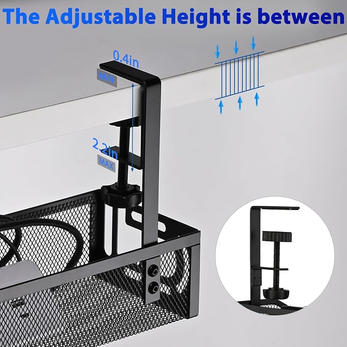 Under Desk Cable Management Tray Small – Clamp-Mounted Wire Organizer & Cord Management Under Desk Rack, No-Drill Metal Cable Organizer for Home Office (Black) - Image 2