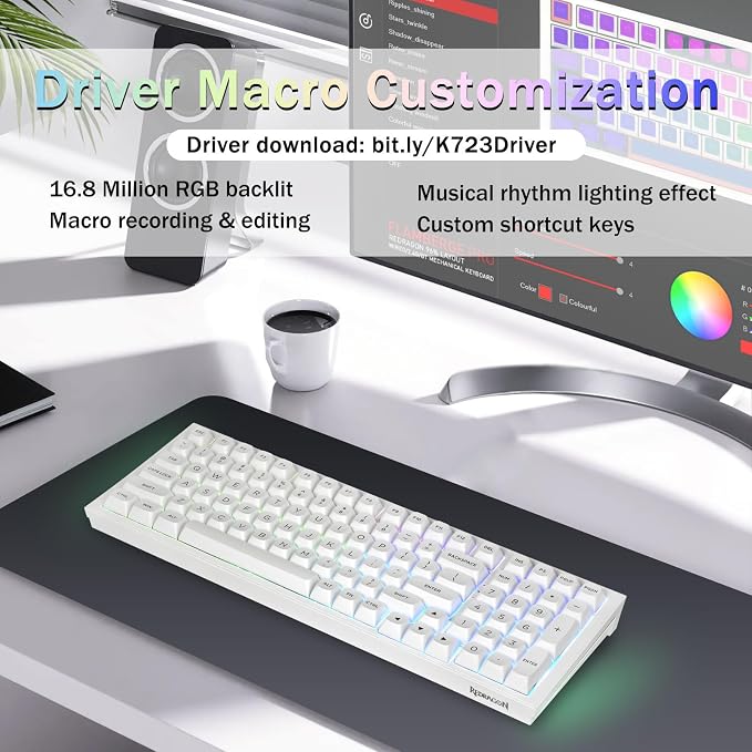 Redragon K723 Wireless Mechanical Gaming Keyboard, Creamy Switches, White | Bluetooth/2.4G/USB-C Wired, RGB Backlit, Hot Swappable Pre-lubed, 96% Custom Gasket Structure for PC/Mac/PS/Xbox - Image 8