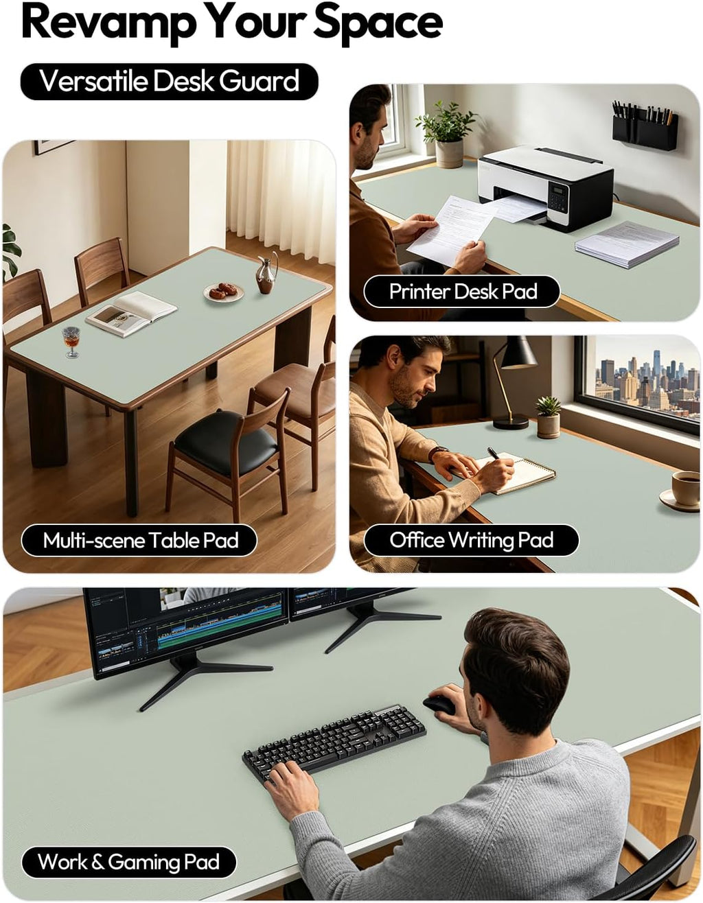 YSAGi Leather Desk Pad Protector, Office Desk Mat, Large Mouse Pad, Non-Slip PU Leather Desk Blotter, Laptop Desk Pad, Waterproof Desk Writing Pad for Office and Home (Grayish Green, 47" x 17") - Image 2
