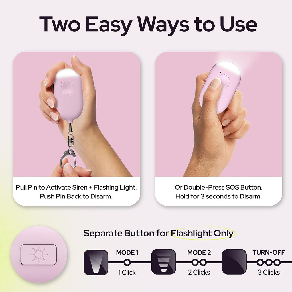 Rechargeable Personal Alarm Keychain - 130dB Siren, LED Light - 3Pack Personal Safety Alert for Women to Carry - Panic Button Alarm for Security - Rape Whistle for Self Defense (Black&Pink&Blue) - Image 3