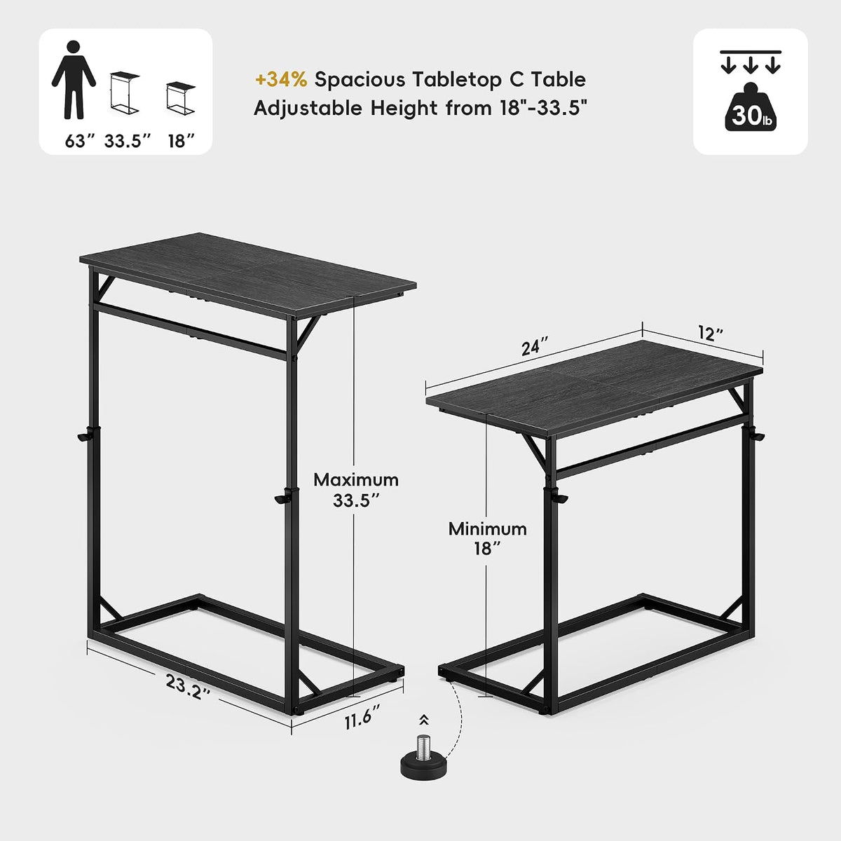 C Shaped End Table for Couch, 33.5''Tall C-Table End Table Adjustable Height Side Tables, Large Surface Sofa Tables TV Tray, Slide Under Couch Tables for Sofa, Living Room,Bedroom,Gray Walnut - Image 3