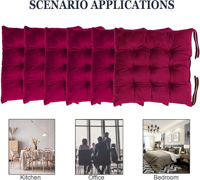 6 Pack Square Seat Cushion Chair Pads for Kitchen Dining Chairs, Soft Comfort Velvet Chair Mat Pillow Cushions with Ties for Office Desk Living Room Tatami 15.5", Burgundy Red - Image 5
