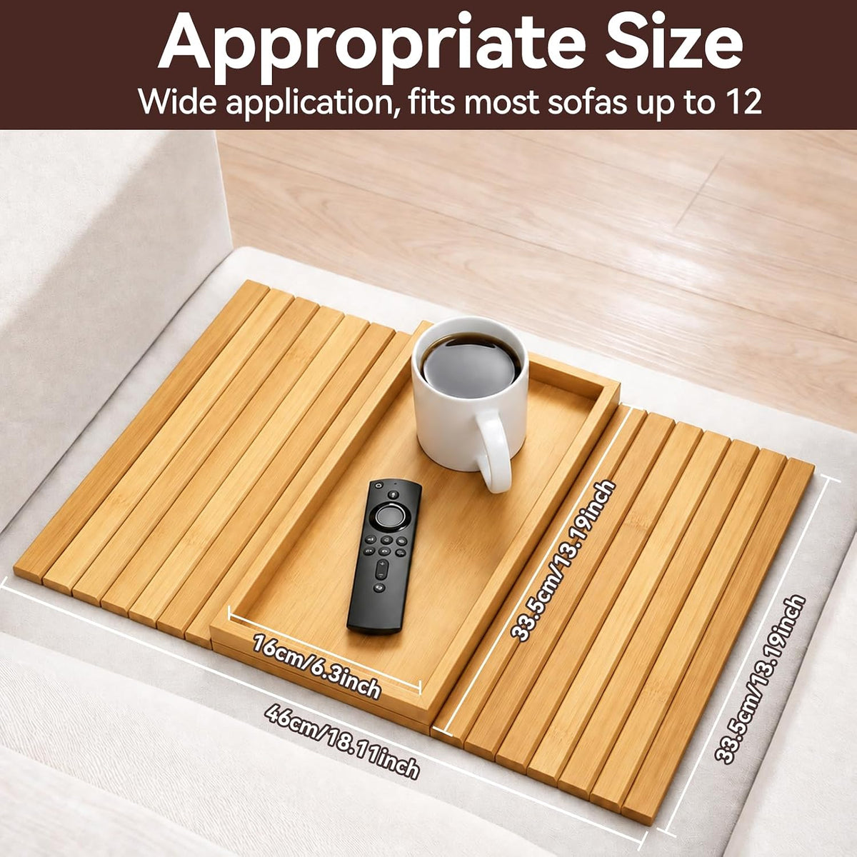 Bamboo Couch Arm Tray, Foldable Sofa Tray Table for Couch, Anti-Falling Sofa Cup Holder, Portable Sofa Arm Chair Table for Drink,Cups, Eats，Snacks, Phone, Remote, Natural - Image 5