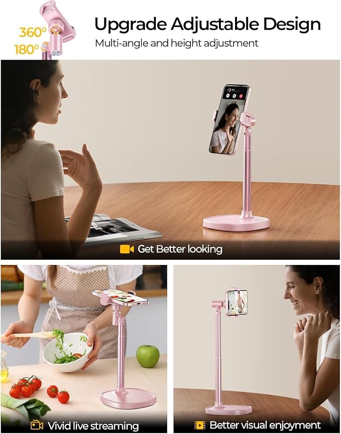 DIMONCOAT Cell Phone Stand for Desk, Stocking Stuffers Gifts for Teens Girls Boys Adults，Phone Holder Angle Height Adjustable, Aluminum Alloy Universal iPhone Stand for iPhone 17 16 15 Pro Max -Pink | Aluminum Alloy Universal iPhone Holder, Retractable... - Image 4