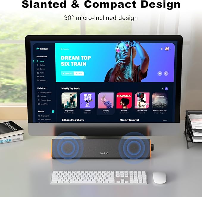 SOULION Bluetooth Computer Speakers for Desktop Monitor PC USB Powered | USB Powered & 3.5mm, Colorful LED Lights, Switch Button Clear & Rich Sound, Breathable Cloth,Surround Soundbar - Image 6
