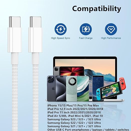 USB C to C Charger Cable 6ft, 60W Type C to C Fast Charging Cable Cord Long for Apple iPhone 17 Pro Max/17 Air/16 Pro Max/16 Pro/15 Plus/15 Pro Max/MacBook 2021/2020/2019,iPad Pro/Mini/Samsung Galaxy - Image 7