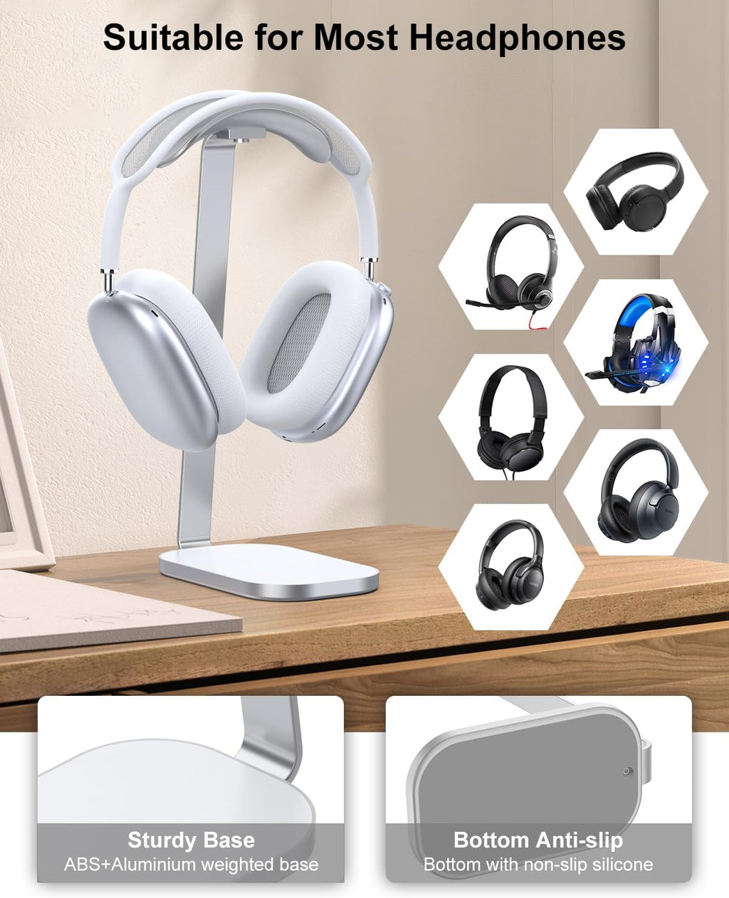 VICHYIE Headphone Stand, Headset Holder for Desk - Silver White - Image 5