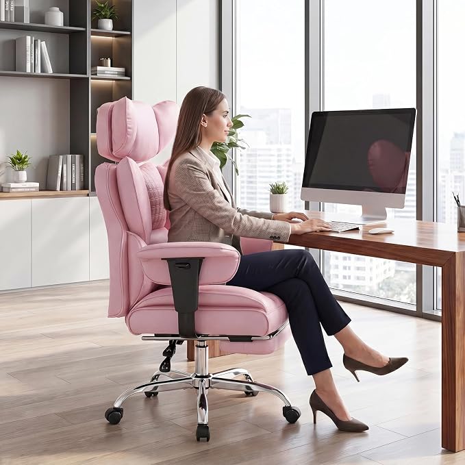 DUMOS Big and Tall Home Office Desk Chair, Executive Chair with Footrest | PU Leather, Ergonomic Comfy Lumbar Support, High Back Reclining, Adjustable Armrests, Pink - Image 2