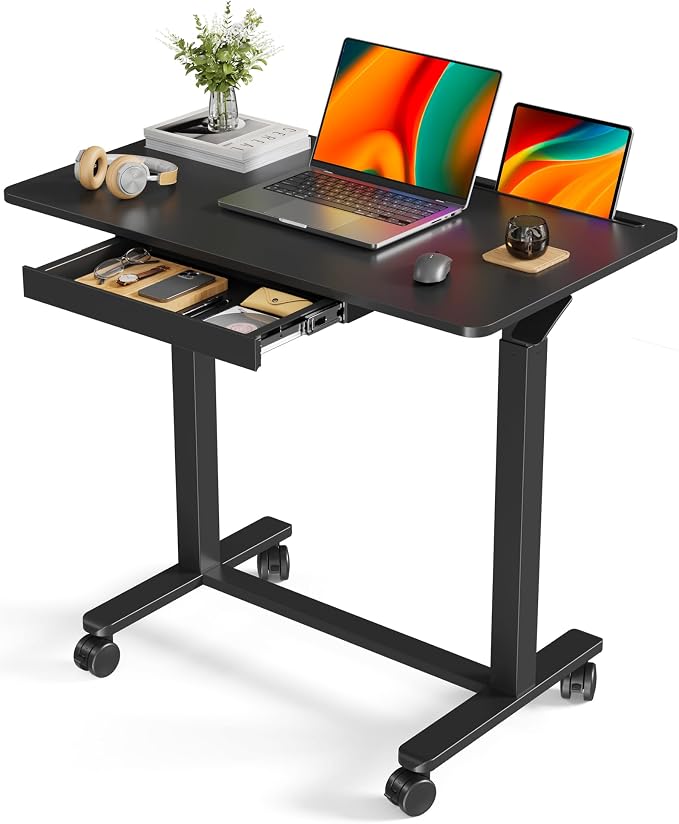 Mobile Standing Desk with Drawer, Height Adjustable, 35" Black | Small Rolling Desk & Table, Pneumatic Computer Sit Stand Workstation, Portable Laptop Cart w/ Hidden Wheels, Lockable Casters by LiftSync