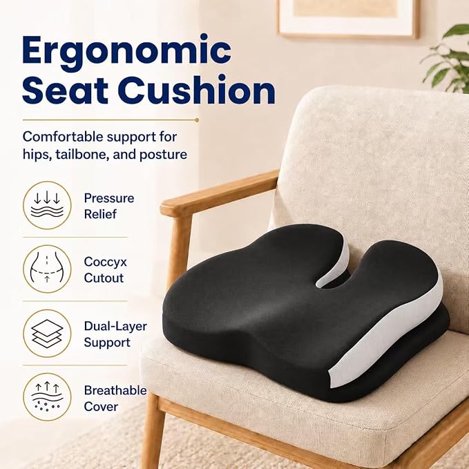 Memory Foam Ergonomic Seat Cushion for Office Chairs Pain Relief | Suitable for prolonged sitting, relieves tailbone pain, fits office chairs, wheelchairs, car seats and computer desk chairs - Image 2