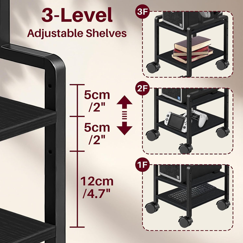 Adjustable 2-Tier PC Stand, Computer Tower Stand with 360° Locking Wheels & Hooks, CPU Cart for Floor, Carpet and Under Desk, 15.2" x 11.8" x 26", Black - Image 5
