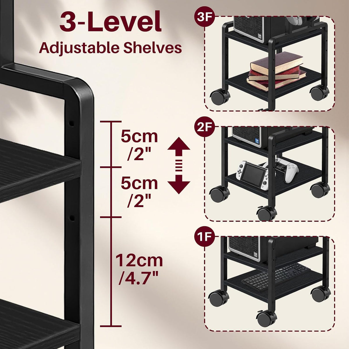 Adjustable 2-Tier PC Stand, Computer Tower Stand with 360° Locking Wheels & Hooks, CPU Cart for Floor, Carpet and Under Desk, 15.2" x 11.8" x 26", Black - Image 5