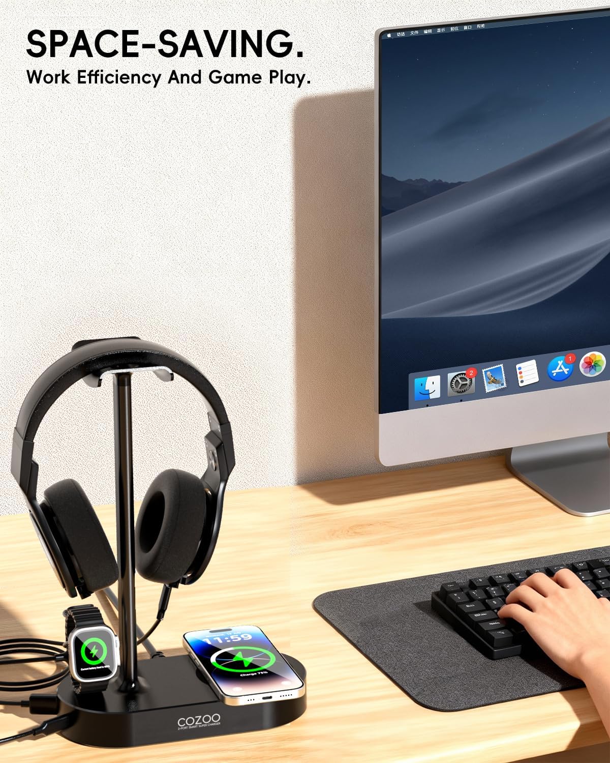 Headphone Stand with Fast Wireless Charging Pad and 2 USB Charging Ports, Suitable for Gaming, DJ, Wireless Earphone Accessories - Image 6