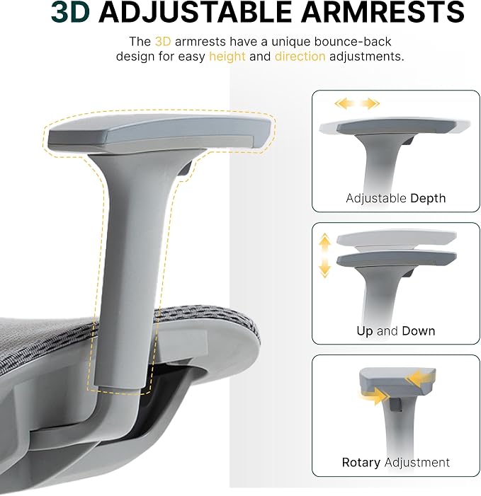 Ergonomic Mesh Office Chair, 3D Adjustable Armrests Desk Chair with 360° Swivel Silent Casters, 90°-120° Reclining Backrest Adjustable Gaming Chair for Home Office - Image 4