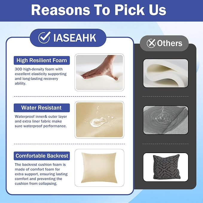 IASEAHK Outdoor Seat Cushion Set, Waterproof & Fade Resistant Patio Chair Cushions, Outdoors Cushion for Patio Furniture, 24 x 24 x 4 Inch, Outdoor Couch Cushions with Handle and Ties, Light Khaki - Image 6