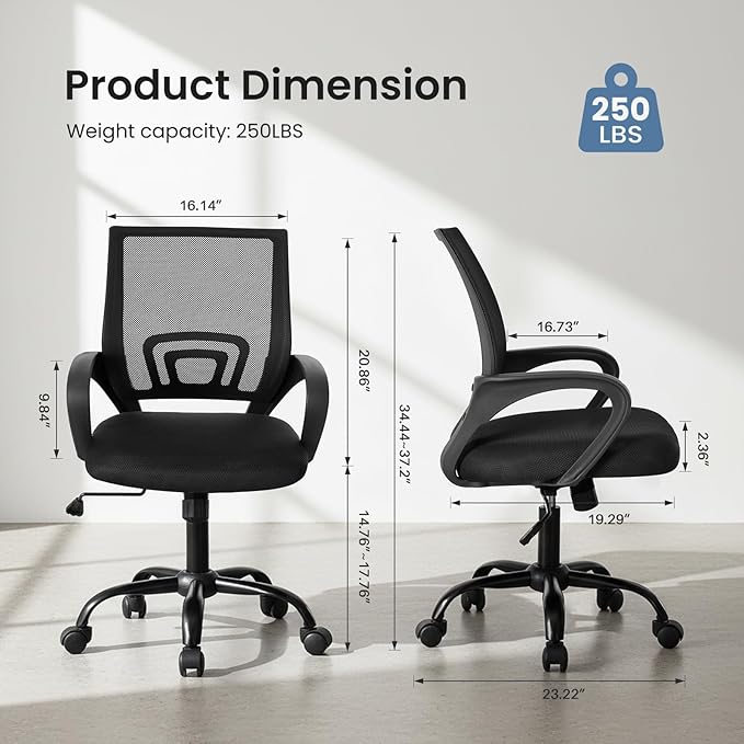 DUMOS Home Office Chair - Ergonomic Mid Back Mesh Desk Chair with Lumbar Support & Rocking Mode, Height Adjustable with Fixed Armrest, for Computer, Gaming, Meeting, 360° Swivel, Black - Image 3