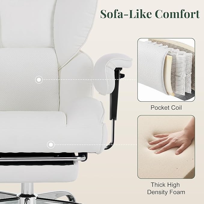 Big and Tall Office Chair 400 LBS, for Adults, Home Office | PU Leather, Executive Ergonomic Desk Chair with Footrest, Lumbar Support, Wide Seat ,Reclining, Adjustable Armrest, Beige - Image 5