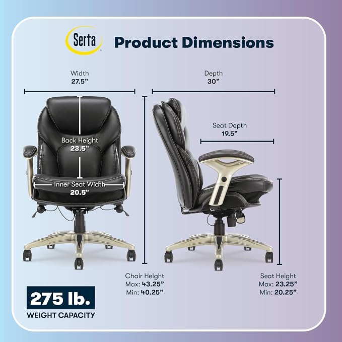 Serta Ergonomic Home Office Chair Pivot Lumbar Support, Leather Desk Chair | Claremont, Adjustable Arms, Height & Tilt, Foam Seat & Headrest Cushion, Work From Home Gaming Chair lower Back Pain, Black - Image 3