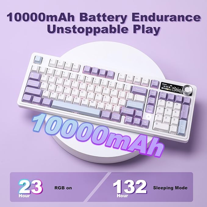 AJAZZ AK980 Mechanical Keyboard, Creamy & Thocky with Smart Display & Knob, 98% Wireless Tri-Mode BT/2.4G/USB-C, Hot Swappable, RGB Light for Win & Mac (Purple, Murad Switch) - Image 8