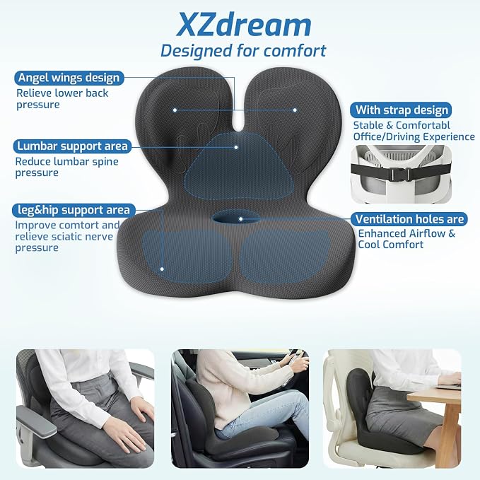 Seat Cushion with Lumbar Support Pillow,Ergonomic Chiar Cushion | Suitable for Long Sitting,Back Pressure Relief & Tailbone,Memory Foam Sciatica Pad for Office,Car, Home Chairs - Image 3